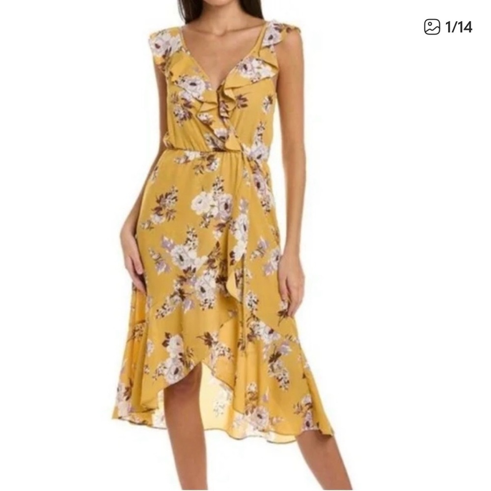 Socialite Mustard Floral High-Low Ruffle Wrap Dress